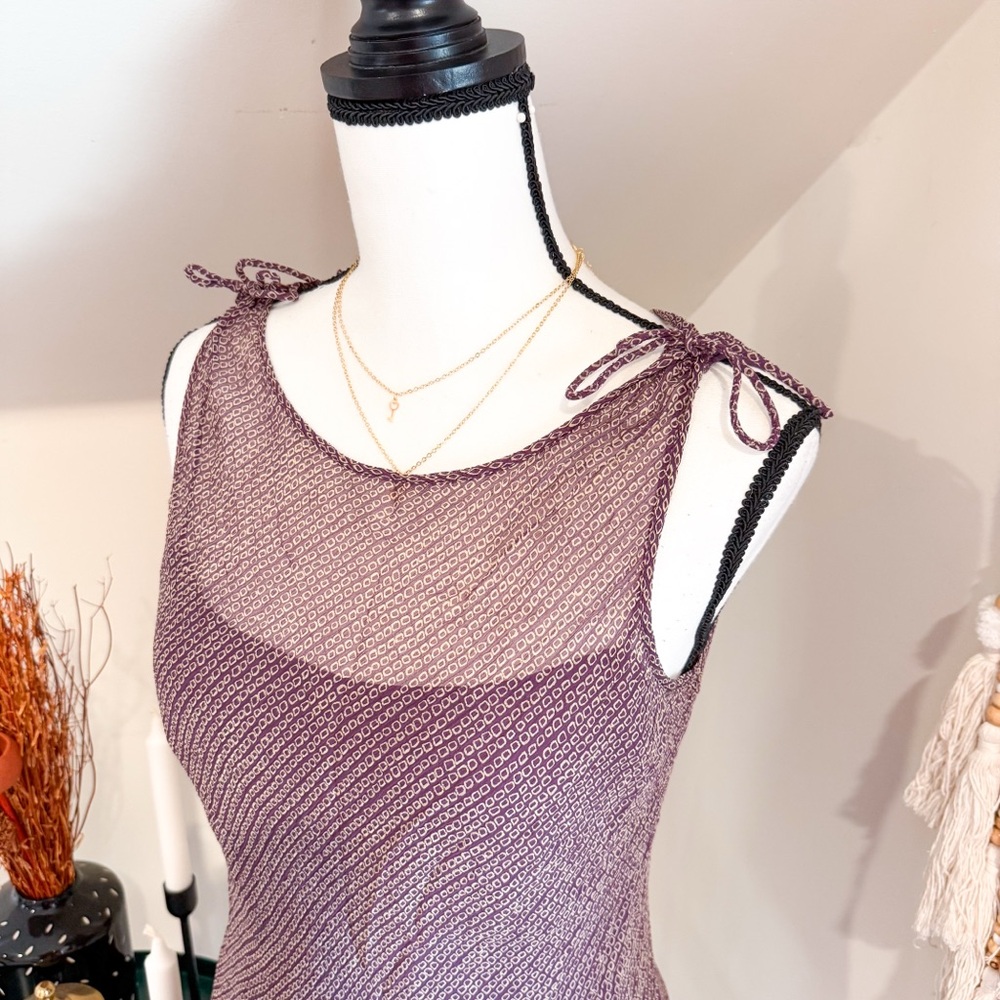 Ann Taylor Silk Purple Patterned Sleeveless Tank Top w/ Shoulder Ties - Picture 2 of 6